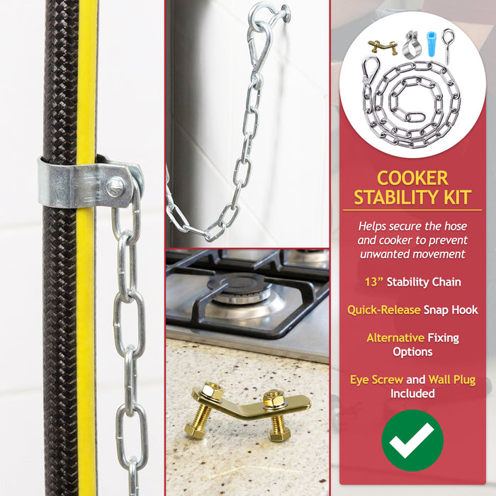 Straight Bayonet Gas Supply Hose Pipe + Safety Chain Kit for Oven Cookers (1.25m x 1/2" BSP, EN 14800 Approved)