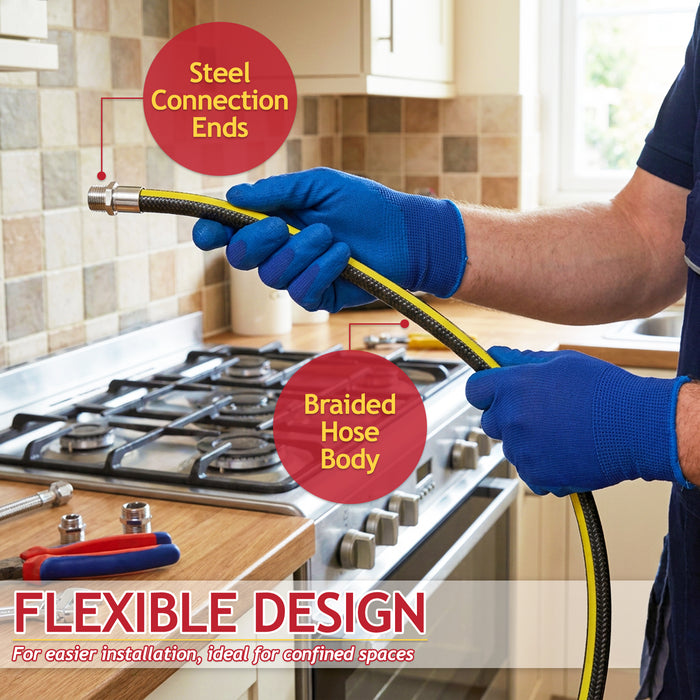Straight Bayonet Gas Supply Hose Pipe + Safety Chain Kit for Oven Cookers (1.25m x 1/2" BSP, EN 14800 Approved)