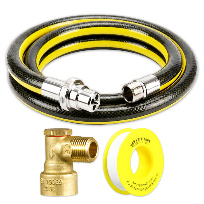 Universal Straight Bayonet Gas Supply Hose Pipe + 90° Angled Socket + PTFE Tape Kit for Oven Cookers (1.25m x 1/2" BSP, EN 14800 Approved)