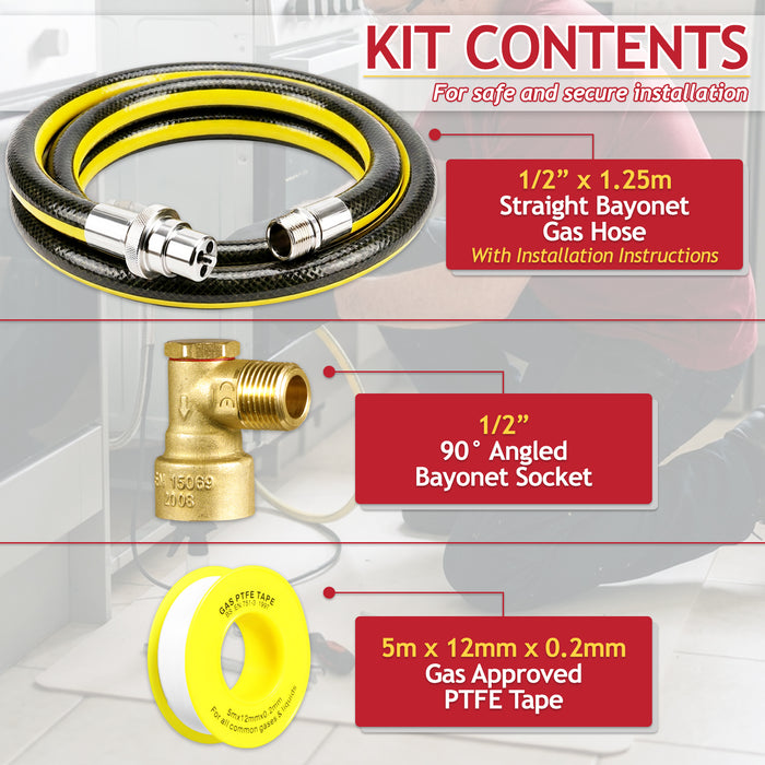 Straight Bayonet Gas Supply Hose Pipe + 90° Angled Socket + PTFE Tape Kit for Oven Cookers (1.25m x 1/2" BSP, EN 14800 Approved)