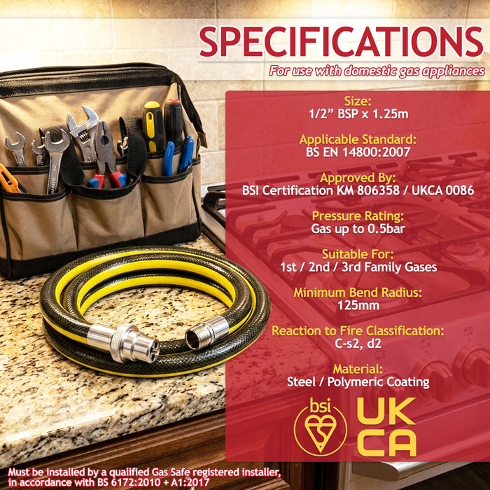 Straight Bayonet Gas Supply Hose Pipe + 90° Angled Socket + PTFE Tape Kit for Oven Cookers (1.25m x 1/2" BSP, EN 14800 Approved)