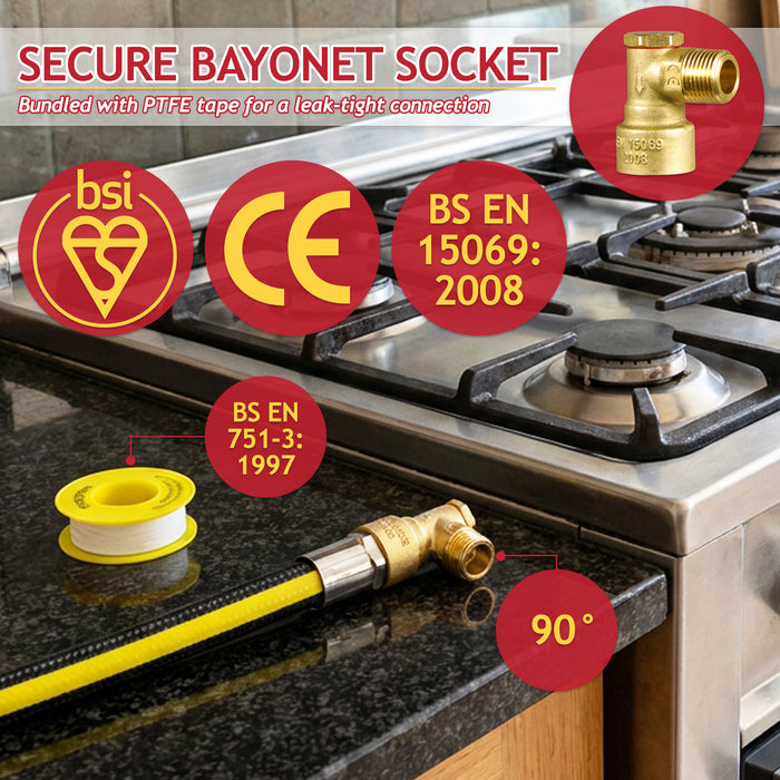 Straight Bayonet Gas Supply Hose Pipe + 90° Angled Socket + PTFE Tape Kit for Oven Cookers (1.25m x 1/2" BSP, EN 14800 Approved)