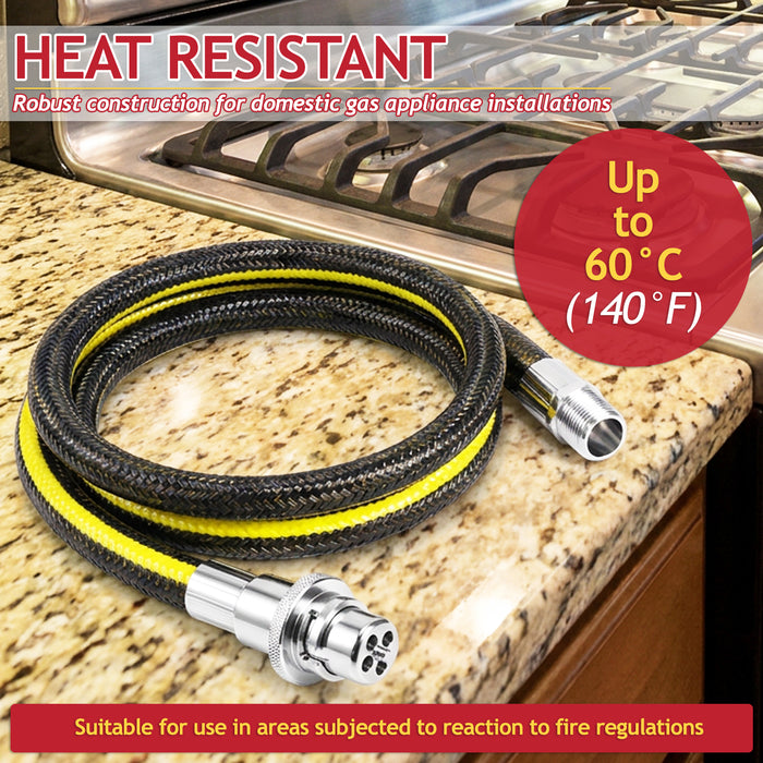 Straight Bayonet Gas Supply Hose Pipe + 90° Angled Socket + PTFE Tape Kit for Oven Cookers (1.25m x 1/2" BSP, EN 14800 Approved)