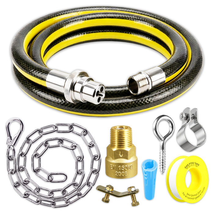 Straight Bayonet Gas Supply Hose Pipe + Socket + Safety Chain + PTFE Tape Kit for Oven Cookers (1.25m x 1/2" BSP, EN 14800 Approved)