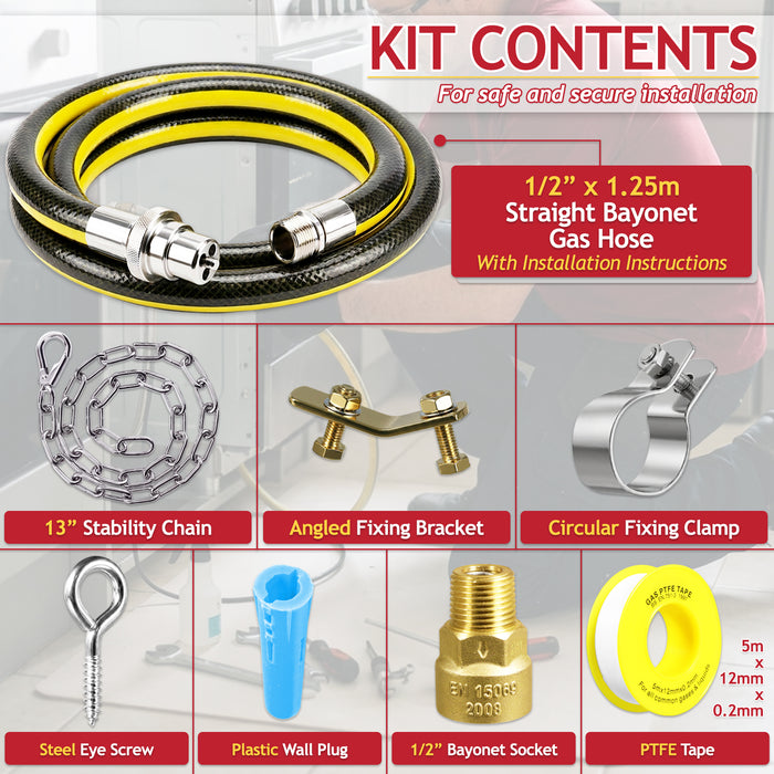 Straight Bayonet Gas Supply Hose Pipe + Socket + Safety Chain + PTFE Tape Kit for Oven Cookers (1.25m x 1/2" BSP, EN 14800 Approved)