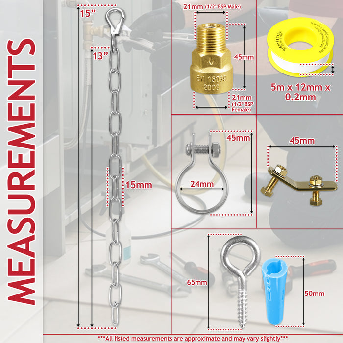 Straight Bayonet Gas Supply Hose Pipe + Socket + Safety Chain + PTFE Tape Kit for Oven Cookers (1.25m x 1/2" BSP, EN 14800 Approved)