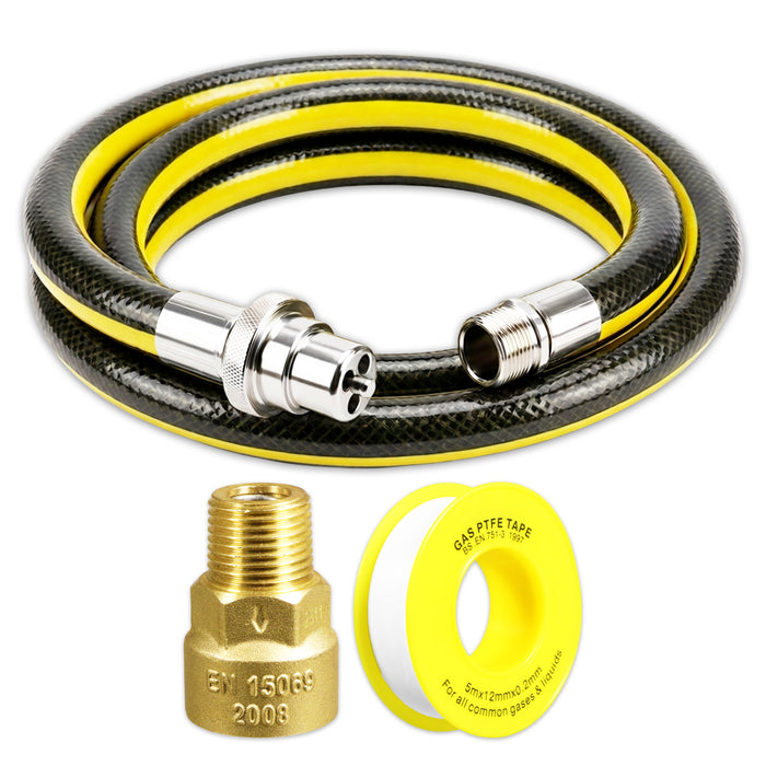 Straight Bayonet Gas Supply Hose Pipe + Socket + PTFE Tape Kit for Oven Cookers (1.25m x 1/2" BSP, EN 14800 Approved)