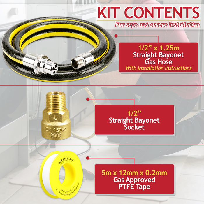 Straight Bayonet Gas Supply Hose Pipe + Socket + PTFE Tape Kit for Oven Cookers (1.25m x 1/2" BSP, EN 14800 Approved)