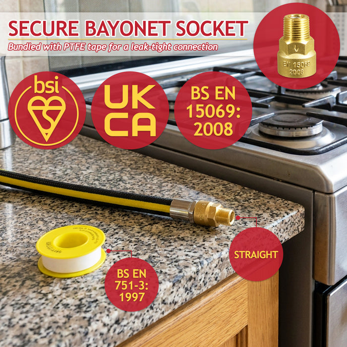 Straight Bayonet Gas Supply Hose Pipe + Socket + PTFE Tape Kit for Oven Cookers (1.25m x 1/2" BSP, EN 14800 Approved)