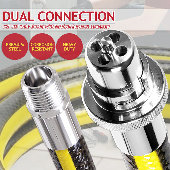 Straight Bayonet Gas Supply Hose Pipe + Socket + PTFE Tape Kit for Oven Cookers (1.25m x 1/2" BSP, EN 14800 Approved)