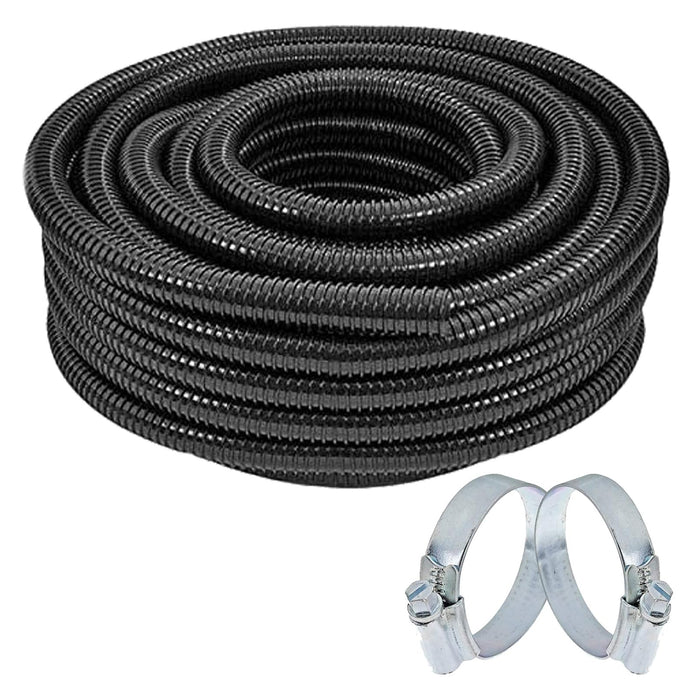 Corrugated Flexible Garden Fish Pond Marine Boat Hose Tube Pipe + 2 Clamp Clips (15m Length x 32mm Diameter)