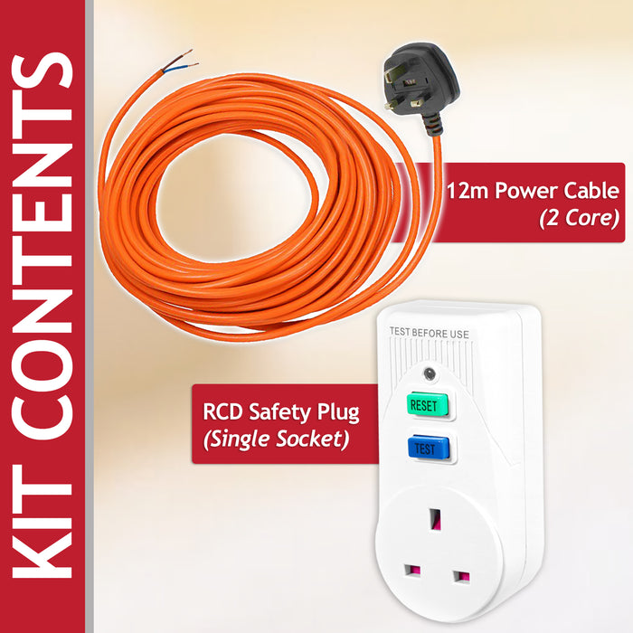 Lawnmower Power Cable 12 Metre Mains Lead + RCD Safety Plug Trip Switch Adaptor