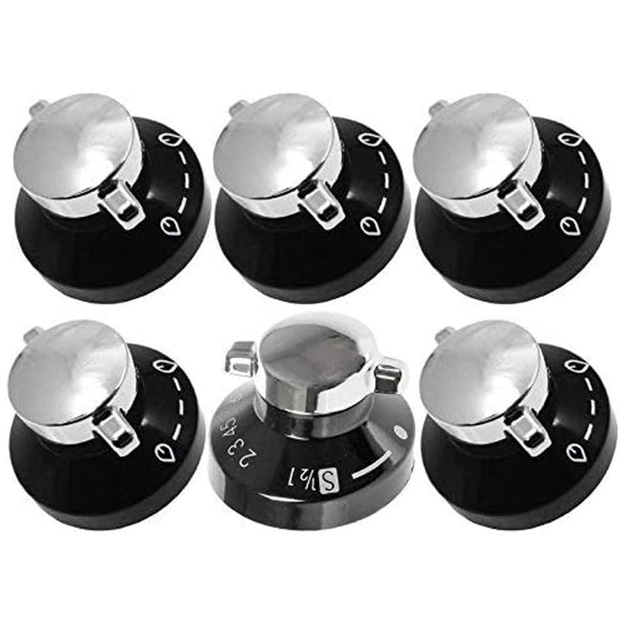 NEW WORLD Oven Knob 600SIDLM 444441153 Gas Hob Cooker Knob Control Switches (Black / Silver, Pack of 6)