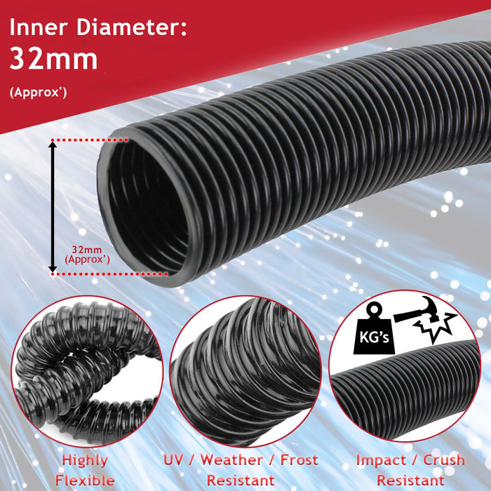 32mm Cable Conduit Flexible Tube Tidy Sleeving Organiser 3.2cm Black 15m