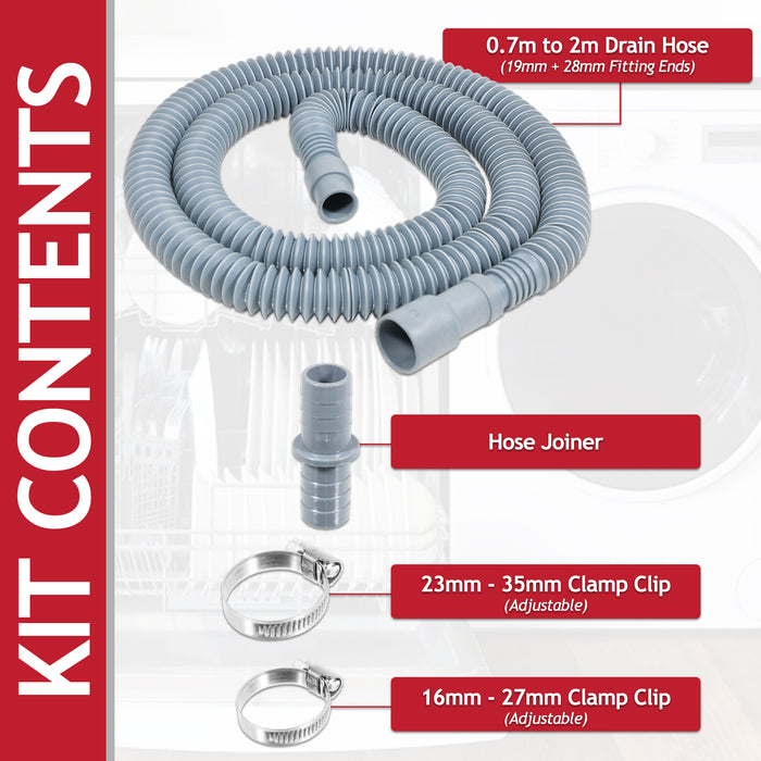 Drain Hose Extension Kit 2m Washing Machine Dishwasher Waste Water Outlet Pipe (19mm / 28mm Ends)
