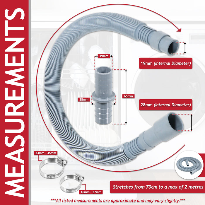 Drain Hose Extension Kit 2m Washing Machine Dishwasher Waste Water Outlet Pipe (19mm / 28mm Ends)