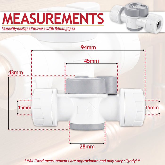 Emergency Shut Off Valve 15mm Push Fit 1/4 Turn Appliance Pipe Water Isolation Stop Tap