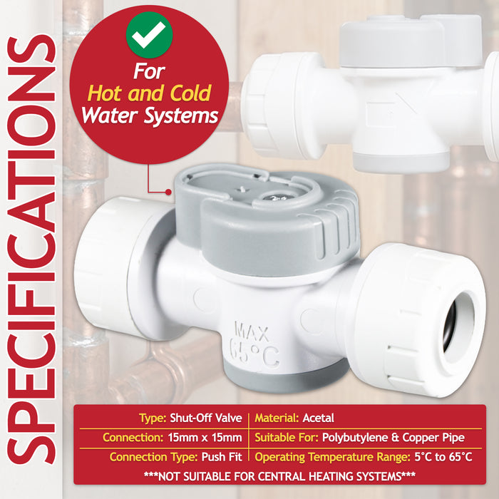 Emergency Shut Off Valve 15mm Push Fit 1/4 Turn Appliance Pipe Water Isolation Stop Tap