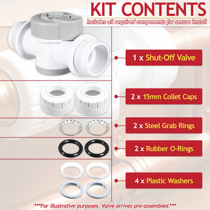 Emergency Shut Off Valve 15mm Push Fit 1/4 Turn Appliance Pipe Water Isolation Stop Tap