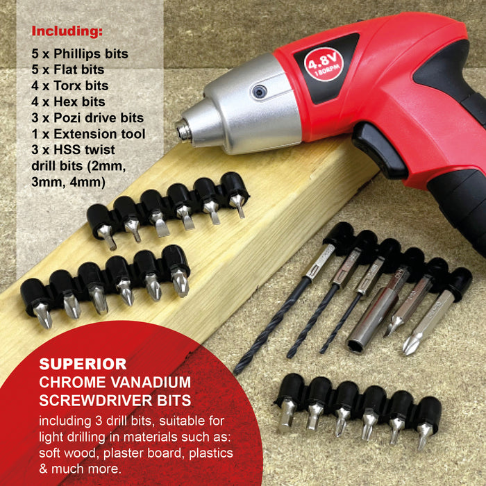 SPARES2GO 4.8v Cordless Rechargeable Electric Screwdriver Combi Drill & Bit Set