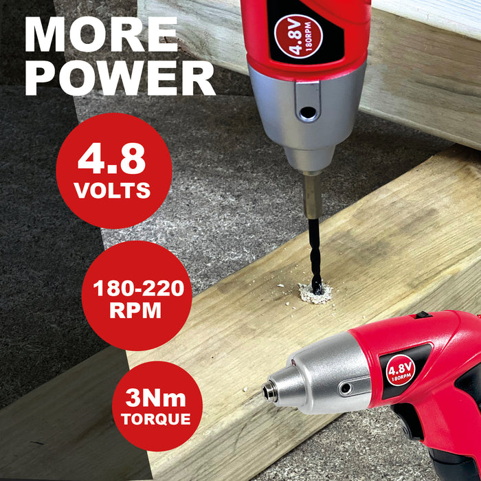 SPARES2GO 4.8v Cordless Rechargeable Electric Screwdriver Combi Drill & Bit Set