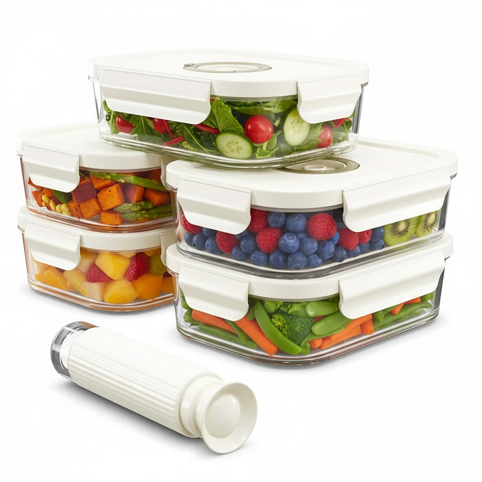 Vacuum Food Storage Glass Containers with Securing Clips Lids (Pack of 5, Medium, 1040ml) + Manual Sealing Pump
