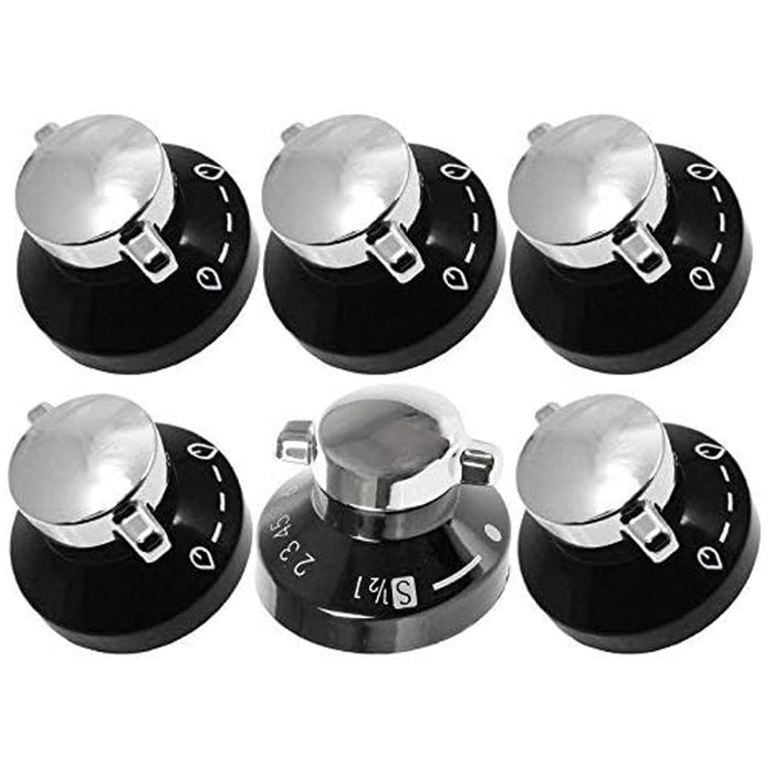 STOVES Oven Knob Gas Hob Cooker Knob Control Switches (Black / Silver, Pack of 6)
