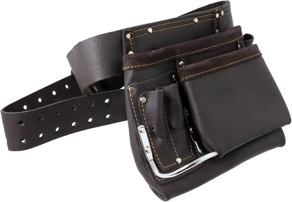 Oil Tanned Leather Reinforced Multi Pocket Tool Belt DIY Carpenter Builder Construction Nail Pouch