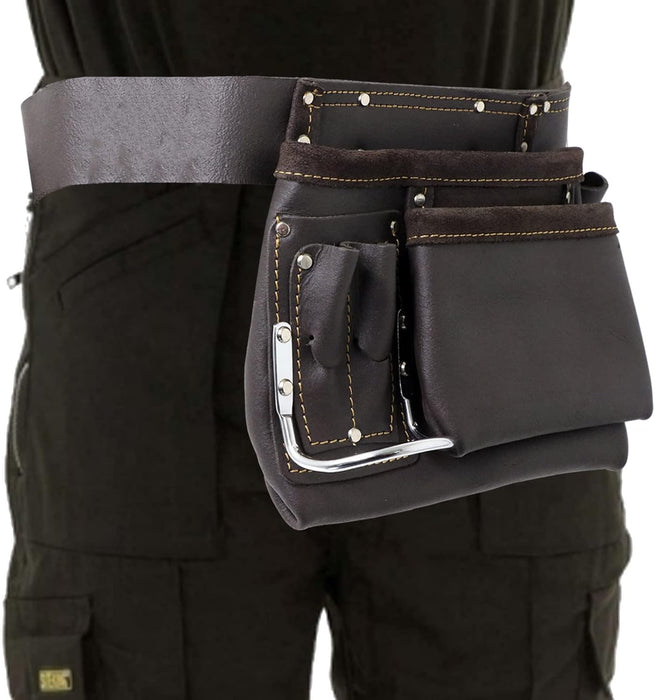 Oil Tanned Leather Reinforced Multi Pocket Tool Belt DIY Carpenter Builder Construction Nail Pouch
