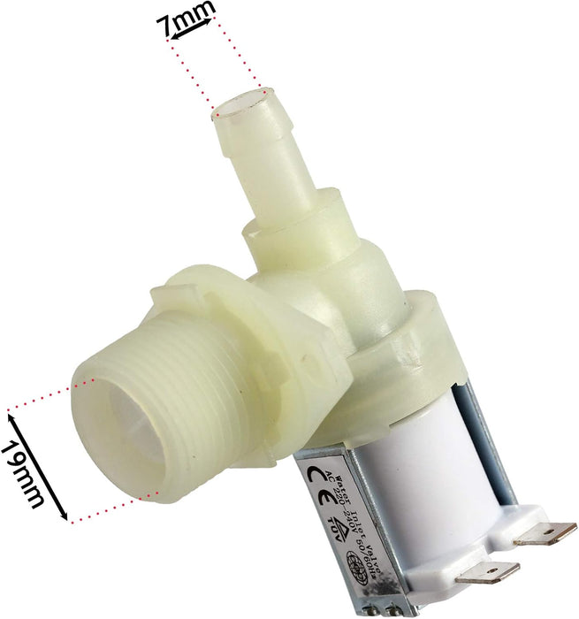 Single Water Inlet Solenoid Valve Compatible with Beko Dishwasher (90 Degrees, One Way, 7mm, 19mm)