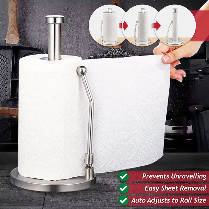 Kitchen Roll Holder Weighted Base Stainless Steel Paper Towel Stand with Spring Tension Arm (Silver)