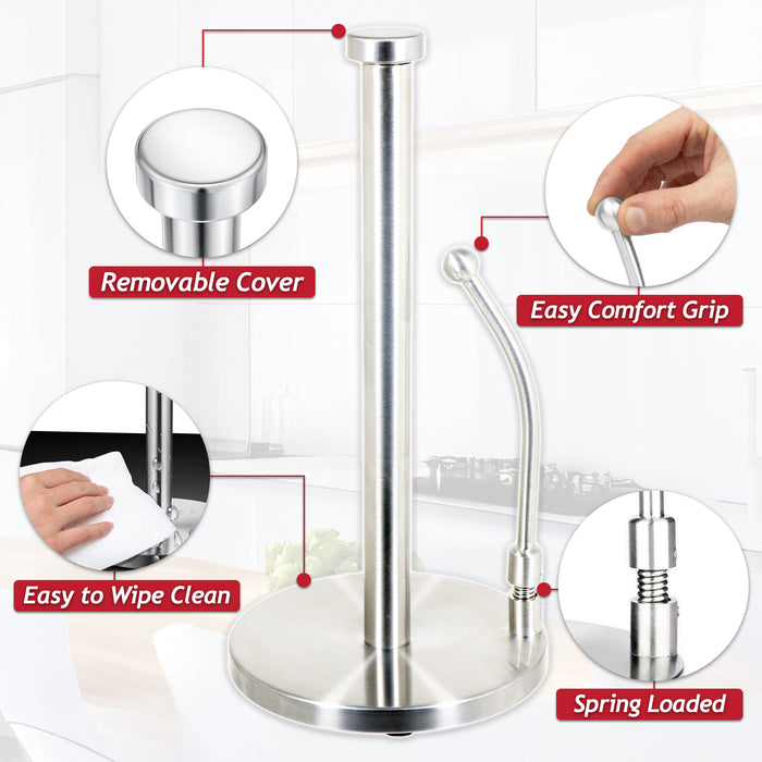 Kitchen Roll Holder Weighted Base Stainless Steel Paper Towel Stand with Spring Tension Arm (Silver)