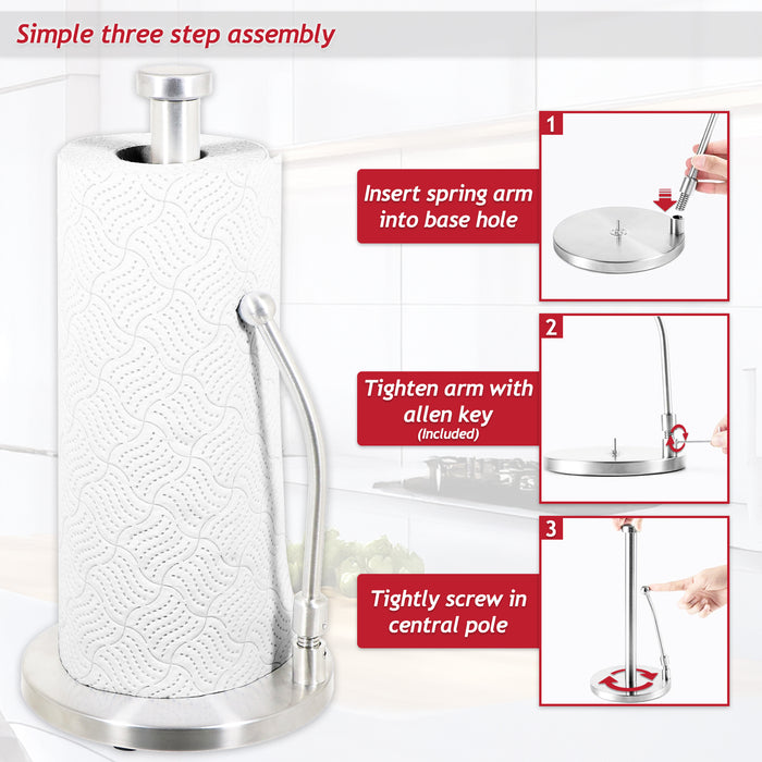 Kitchen Roll Holder Weighted Base Stainless Steel Paper Towel Stand with Spring Tension Arm (Silver)