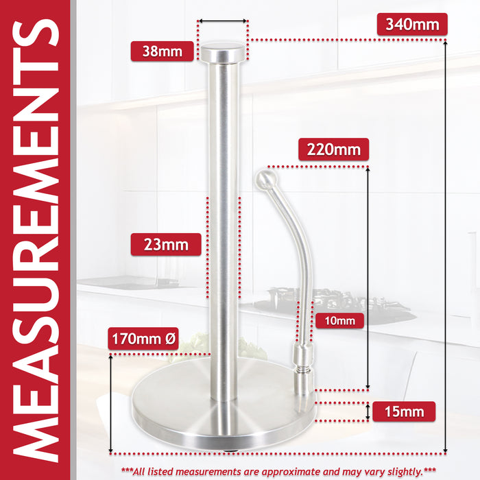 Kitchen Roll Holder Weighted Base Stainless Steel Paper Towel Stand with Spring Tension Arm (Silver)