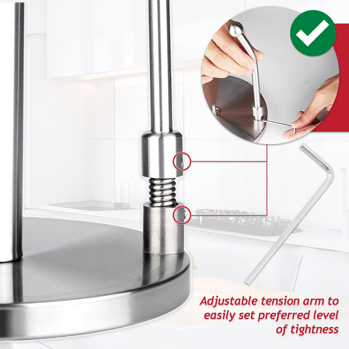 Kitchen Roll Holder Weighted Base Stainless Steel Paper Towel Stand with Spring Tension Arm (Silver)