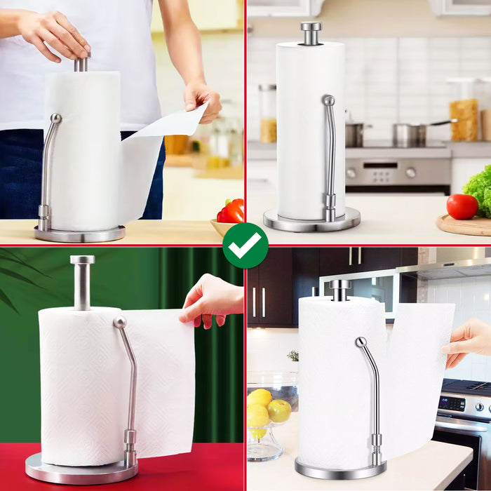 Kitchen Roll Holder Weighted Base Stainless Steel Paper Towel Stand with Spring Tension Arm (Silver)