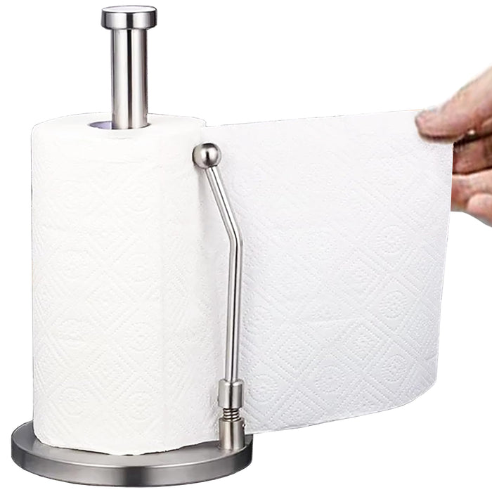 Kitchen Roll Holder Weighted Base Stainless Steel Paper Towel Stand with Spring Tension Arm (Silver)