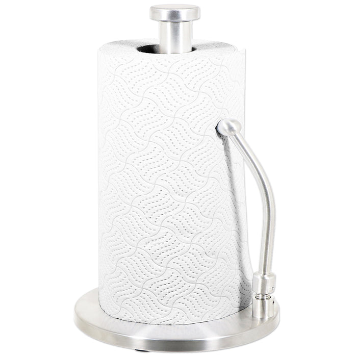 Kitchen Roll Holder Weighted Base Stainless Steel Paper Towel Stand with Spring Tension Arm (Silver)