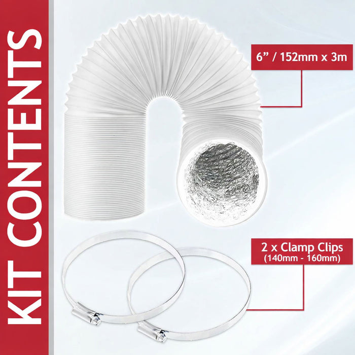 AC Duct Hose for Bush Air Con 6" Aluminium Foil Insulated PVC Flexible Vent Pipe 152mm 3 Metre + Clips x 2