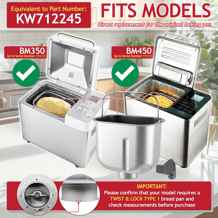 Bread Pan + Kneading Paddle for Kenwood BM350 BM450 Breadmaker Twist & Lock Type 1 Baking Tin Bucket Kit (KW712245 + KW712246)