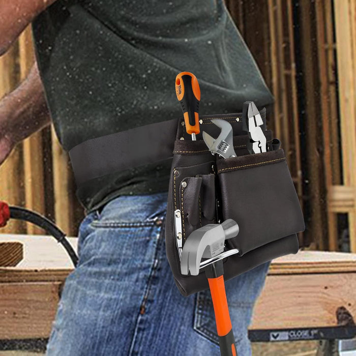 Oil Tanned Leather Reinforced Multi Pocket Tool Belt DIY Carpenter Builder Construction Nail Pouch