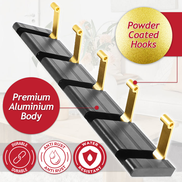 Luxury Wall Mounted Coat Rack 5 Hooks Aluminium Retractable Hanging Hook Rail (Black + Gold)