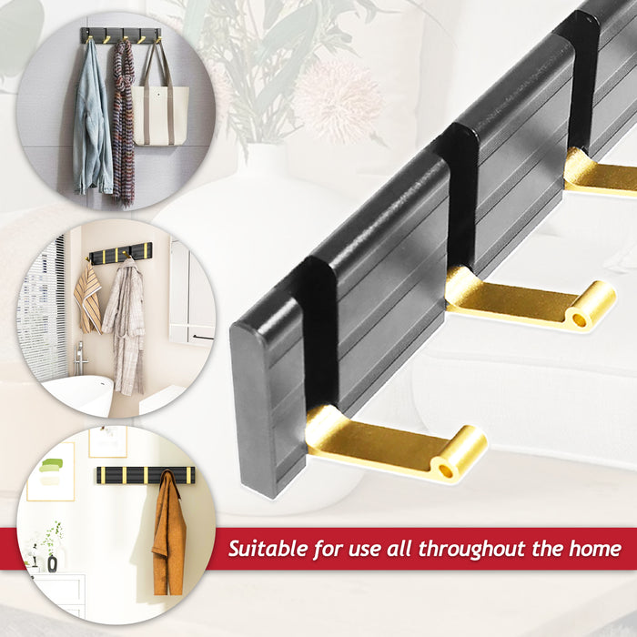 Luxury Wall Mounted Coat Rack 5 Hooks Aluminium Retractable Hanging Hook Rail (Black + Gold)