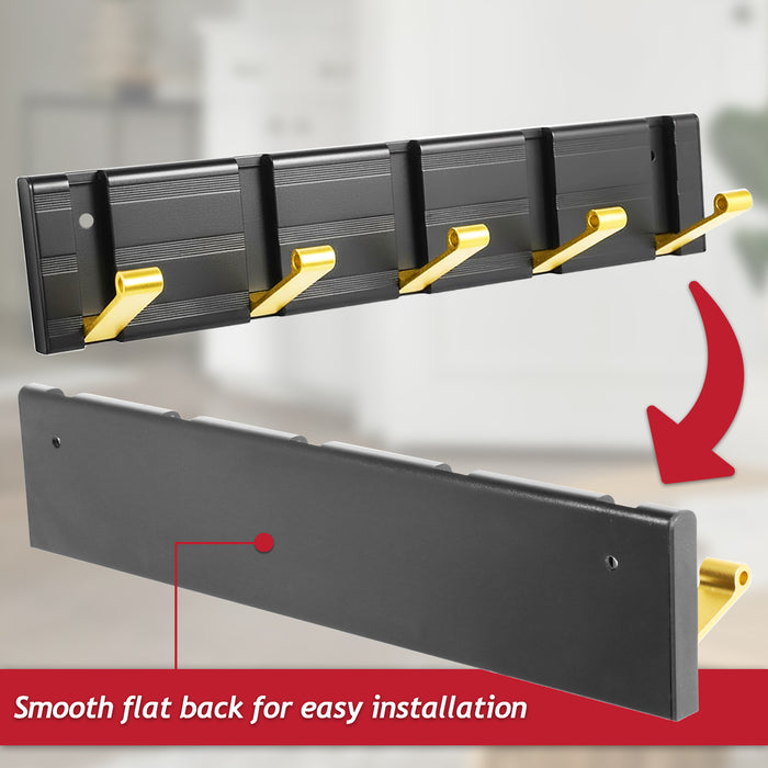 Luxury Wall Mounted Coat Rack 5 Hooks Aluminium Retractable Hanging Hook Rail (Black + Gold)