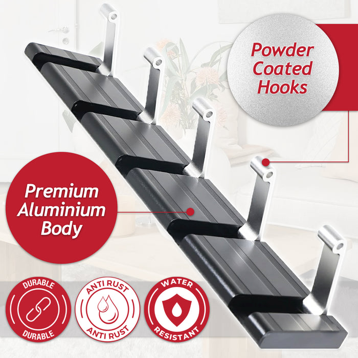 Luxury Wall Mounted Coat Rack 5 Hooks Aluminium Retractable Hanging Hook Rail (Black + Silver)