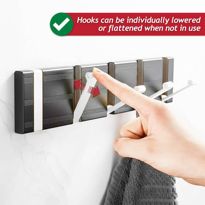 Luxury Wall Mounted Coat Rack 5 Hooks Aluminium Retractable Hanging Hook Rail (Black + Silver)