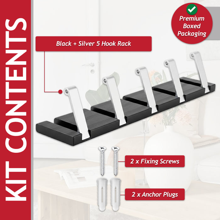 Luxury Wall Mounted Coat Rack 5 Hooks Aluminium Retractable Hanging Hook Rail (Black + Silver)