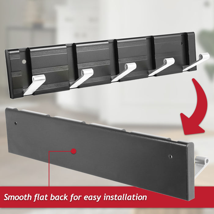 Luxury Wall Mounted Coat Rack 5 Hooks Aluminium Retractable Hanging Hook Rail (Black + Silver)