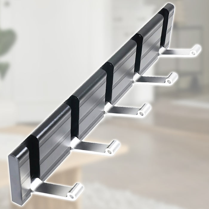 Luxury Wall Mounted Coat Rack 5 Hooks Aluminium Retractable Hanging Hook Rail (Black + Silver)