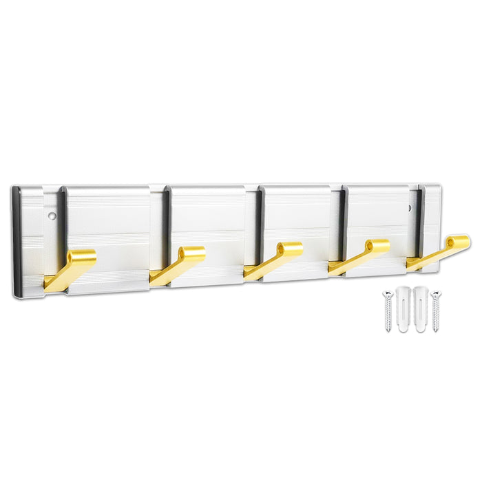 Luxury Wall Mounted Coat Rack 5 Hooks Aluminium Retractable Hanging Hook Rail (Silver + Gold)